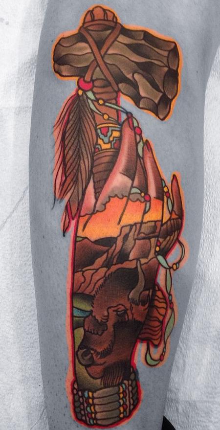 Tattoos - Traditional color hand holding a tomahawk with buffalo tattoo, Gary Dunn Art Junkies Tattoo Hesperia ca - 94274